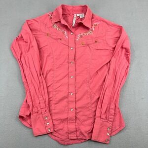 Rancho Estancia Womens Western Pearl Snap Embroidered Shirt Coral Pink Medium